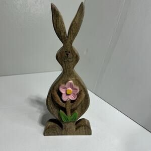 Wooden Bunny with Flower 10 Inch Tall Painted Free Standing Spring Summer Rabbit